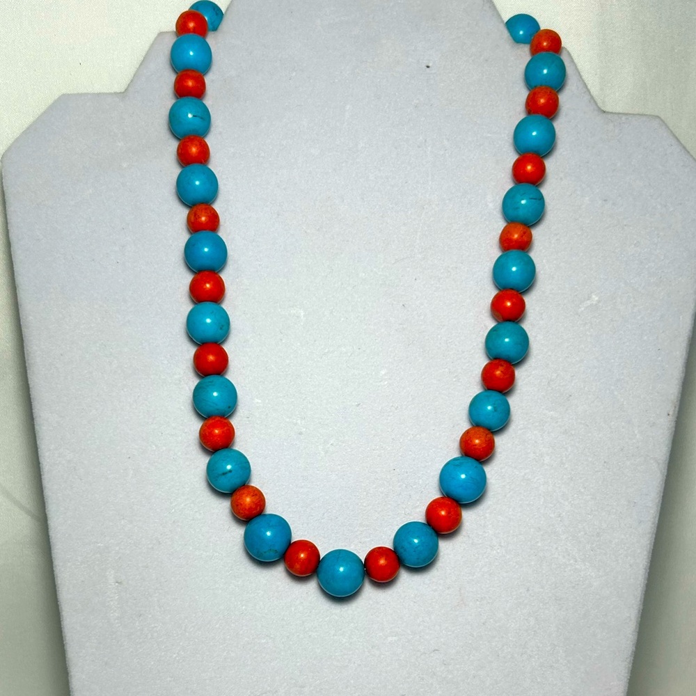 VTG| Handmade Genuine Turquoise and Red Coral Beaded Necklace